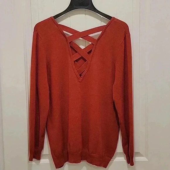 Love Ellie V Neck Lightweight Sweater Criss Cross V Back Burnt Orange Size XXL - Picture 5 of 8